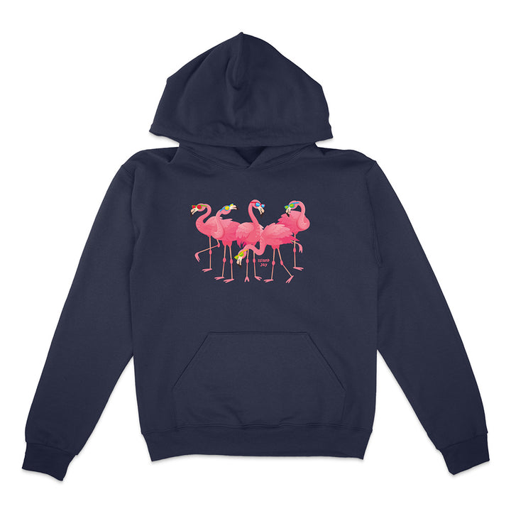 Navy blue hoodie with pink flamingo design on a white background