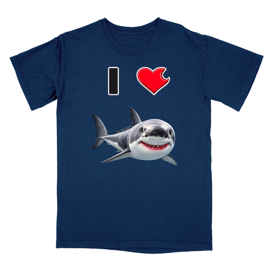 A navy blue short-sleeve t-shirt with a graphic print on the front. The print features a black and white 'I' on the left, a red heart on the right, and a realistic cartoon shark swimming below them.