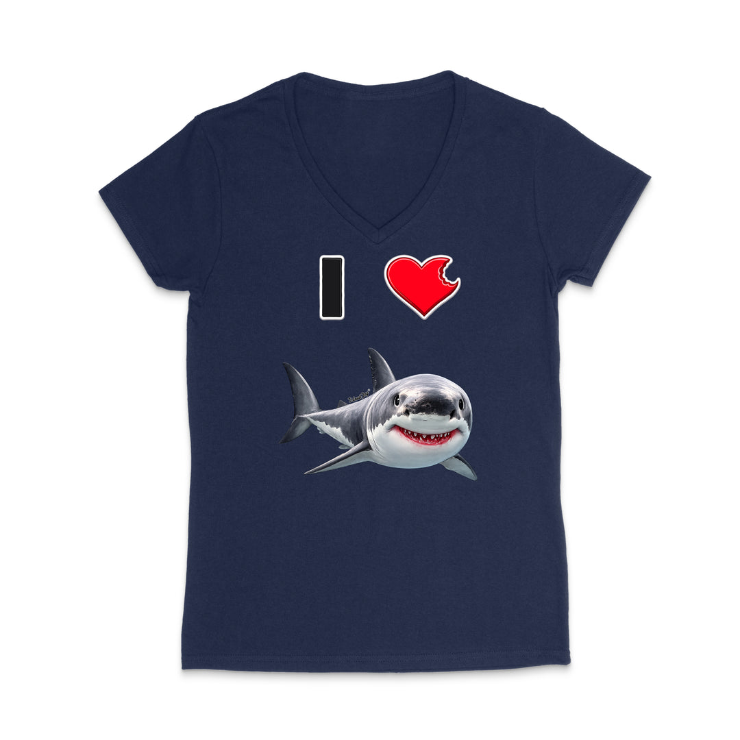 A black women's V-neck t-shirt featuring a graphic print of a great white shark below a text design that reads 'I' followed by a red heart and the shark.