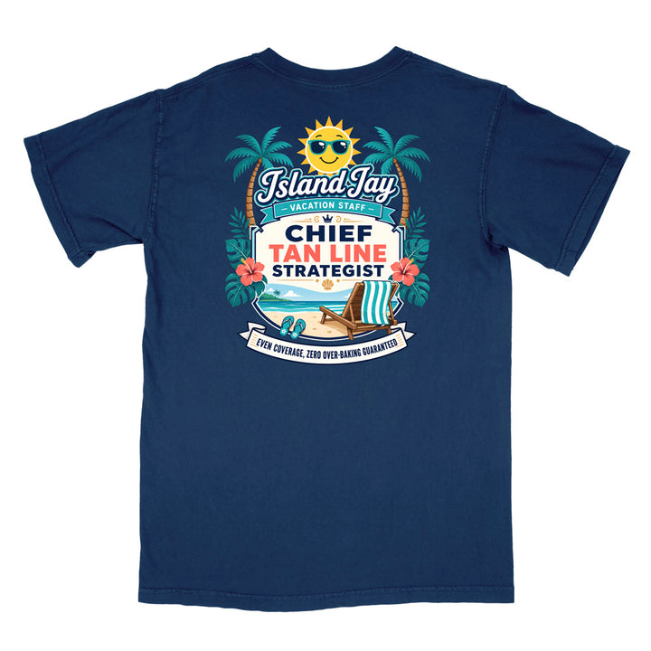 A navy short-sleeve t-shirt with a colorful graphic print on the front. The graphic features a smiling sun wearing sunglasses, palm trees, a beach scene, and text that reads 'Island Jay Vacation Staff by CHIEF TAN LINE STRATEGIST'.
