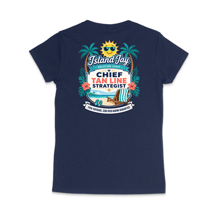 A navy blue short-sleeve t-shirt shown from the back, featuring a colorful graphic print with palm trees, a smiling sun, a beach chair, and the text 'Island Jay Chief Tan Line Strategist'.