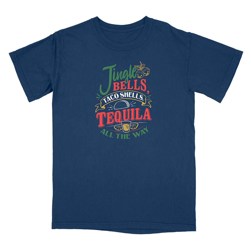 Navy blue t-shirt with colorful graphic and text reading "Jingle Bells Taco Shells Tequila All The Way".