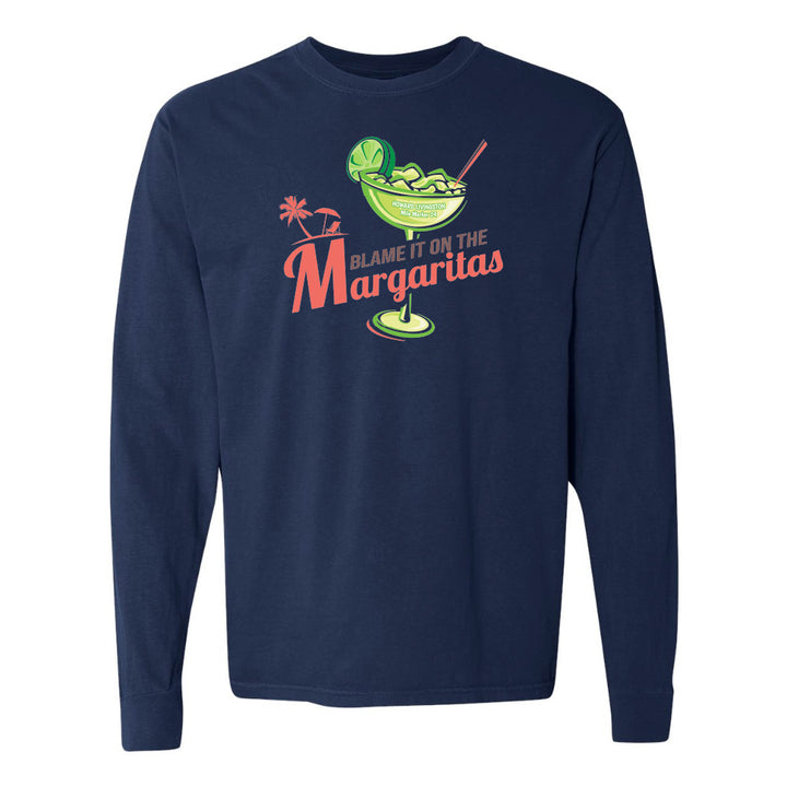 Navy blue long-sleeve shirt with a margarita graphic and text on a white background