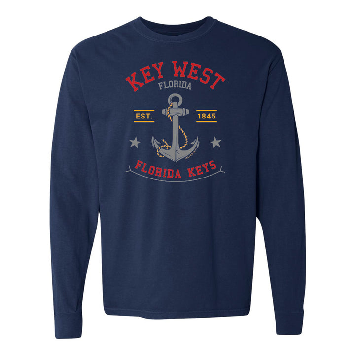Navy blue long-sleeve shirt with 'Key West, Florida' and anchor graphic on a white background