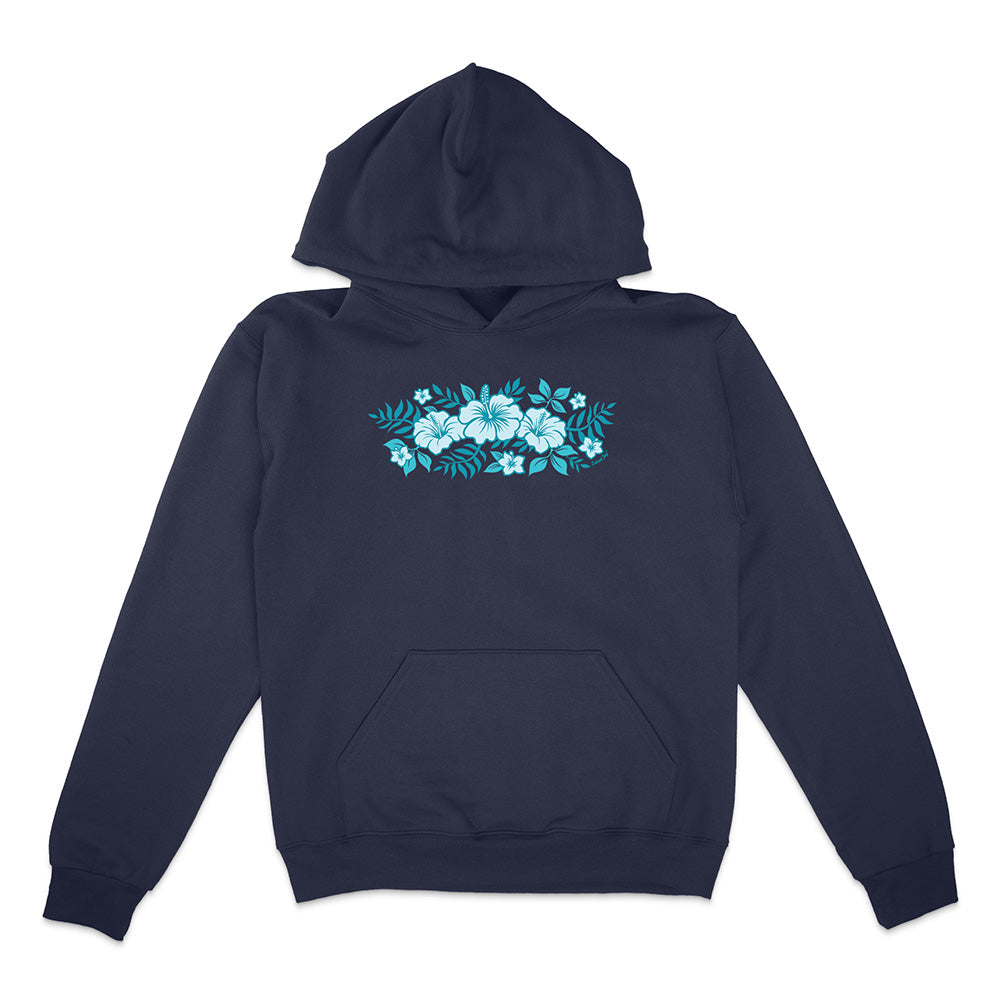 Navy hoodie with blue floral design on a white background