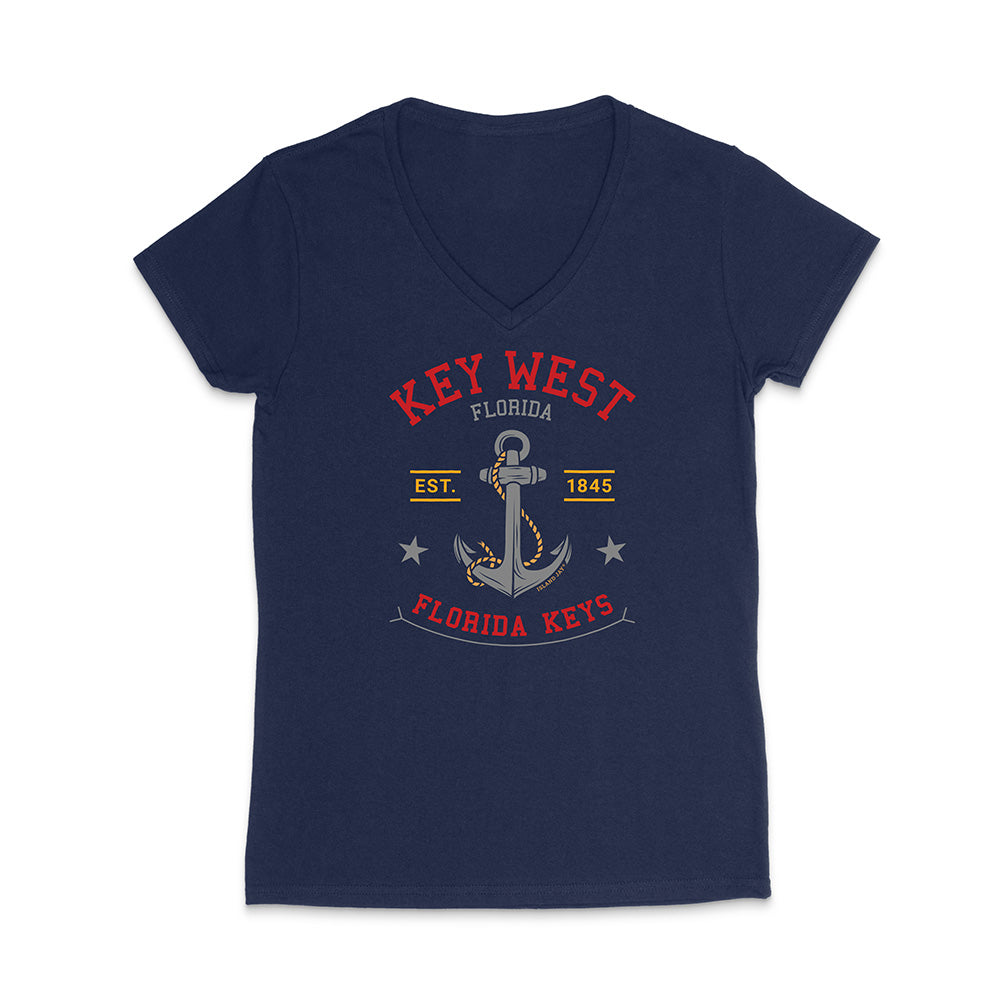 Navy blue t-shirt with Key West, Florida graphic design on a white background