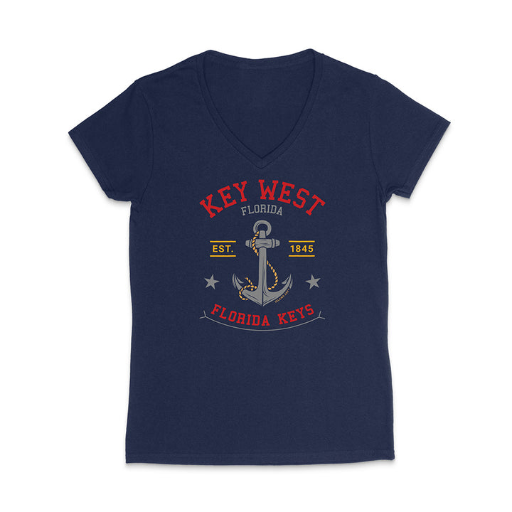 Navy blue t-shirt with Key West, Florida graphic design on a white background