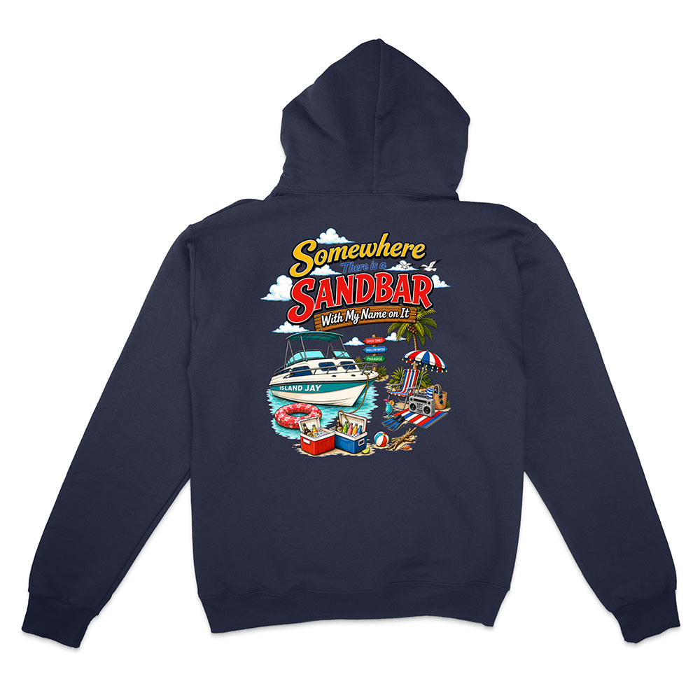 A navy blue hoodie shown from the back, featuring a colorful graphic print with the text 'Somewhere Sandbar' and a beach-themed illustration including a boat, umbrellas, and a beach cart.