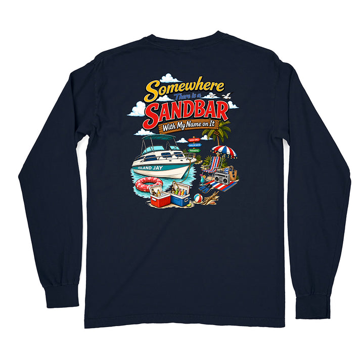 A navy blue long-sleeve t-shirt shown from the back, featuring a colorful graphic print with the text 'Somewhere Sandbar' and a beach-themed illustration.