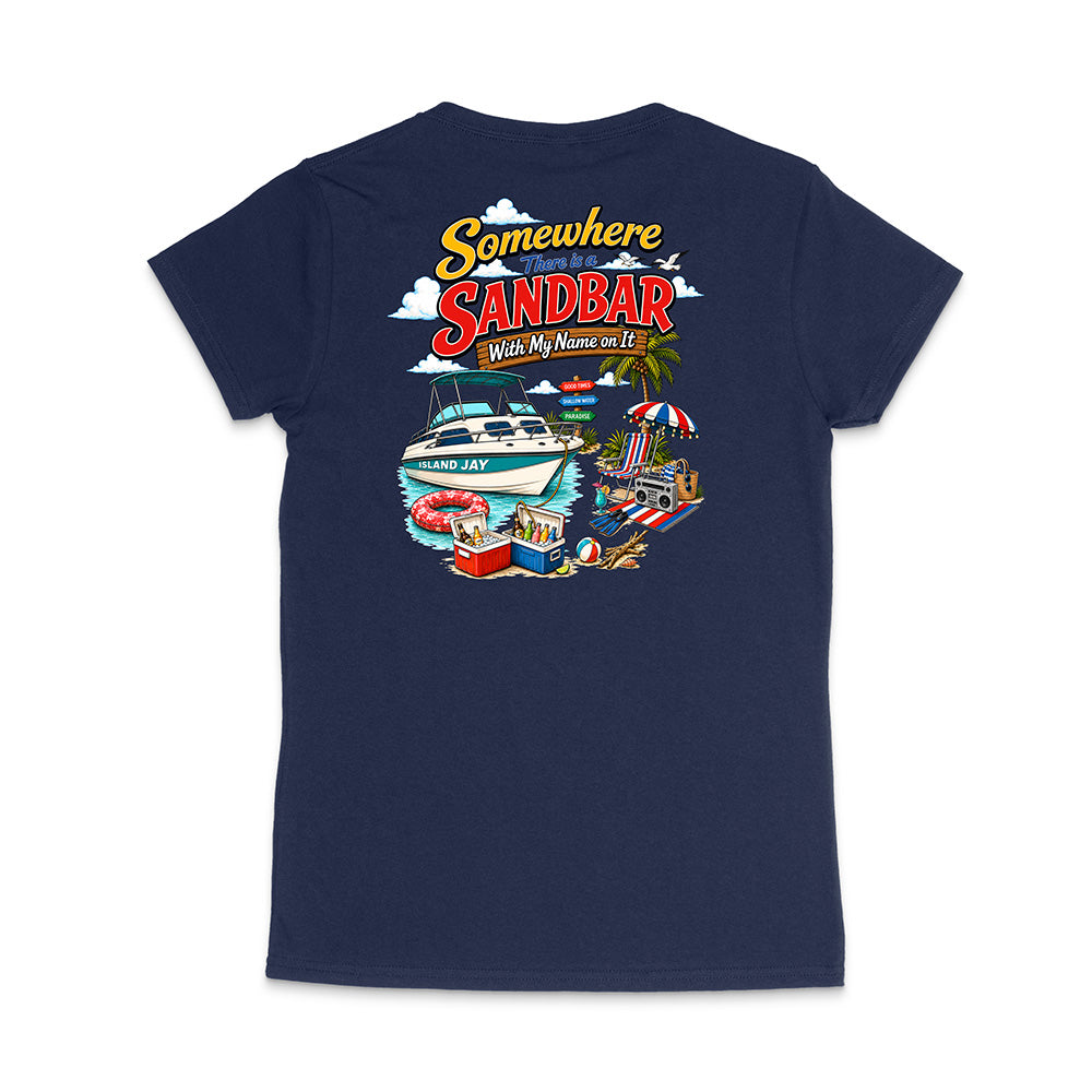 A navy blue short-sleeve t-shirt shown from the back, featuring a large colorful graphic print with the text 'Somewhere Sandbar' and 'Wish My Name Was Here' above an illustration of a boat, beach umbrella, and sandcastle.