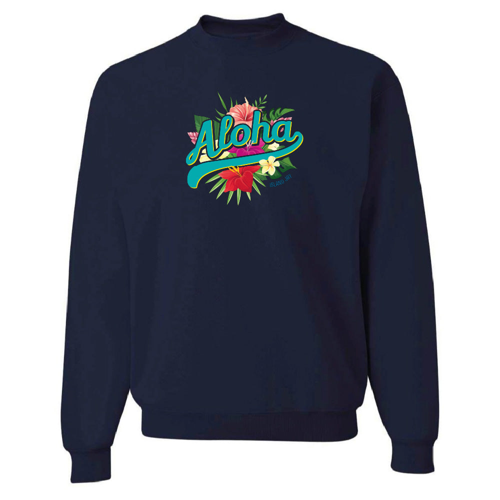 Navy blue sweatshirt with 'Aloha' and floral design on a white background