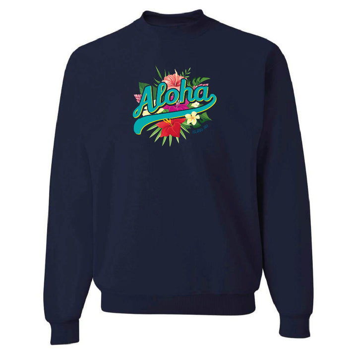 Navy blue sweatshirt with 'Aloha' and floral design on a white background