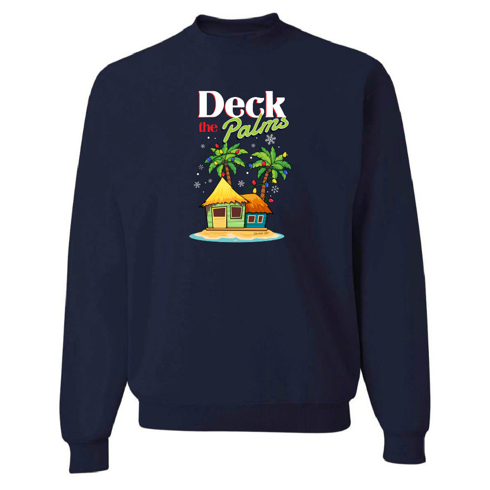 Navy sweatshirt with a tropical hut and palm tree design and graphic text reading "Deck The Palms" on a white background