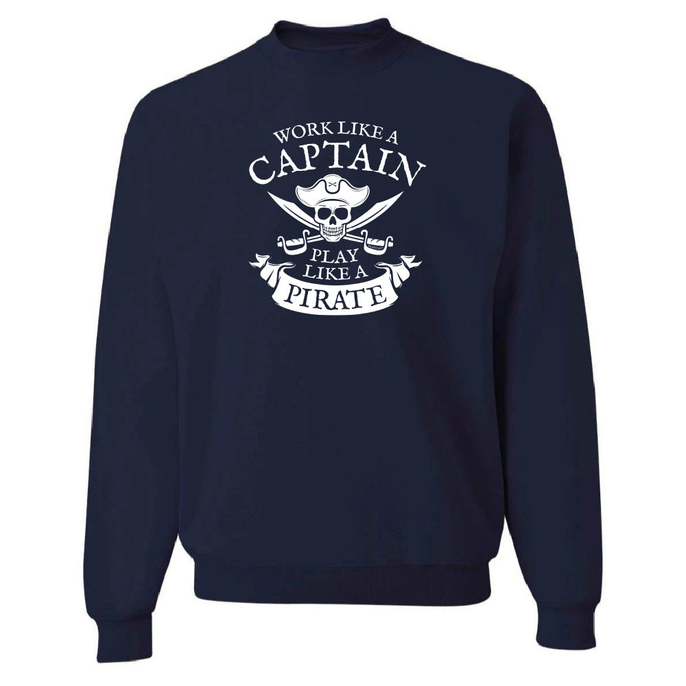 Navy blue sweatshirt with white graphic and text on a white background