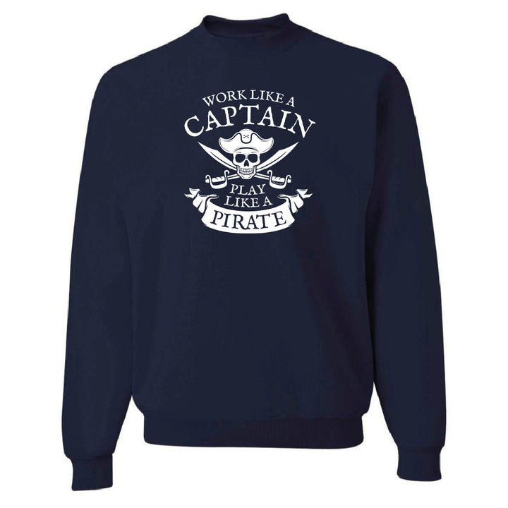 Navy blue sweatshirt with white graphic and text on a white background