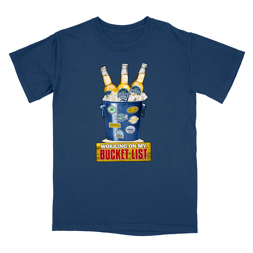 Navy t-shirt with a graphic of a bucket of beer and 'Working on my Bucket List' text.