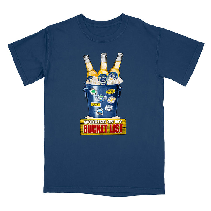 Navy t-shirt with a graphic of a bucket of beer and 'Working on my Bucket List' text.
