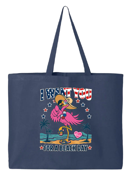 Navy tote bag with a flamingo graphic and text on a white background