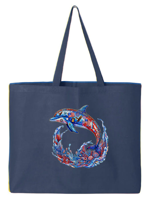 Navy tote bag with a colorful dolphin design on a white background