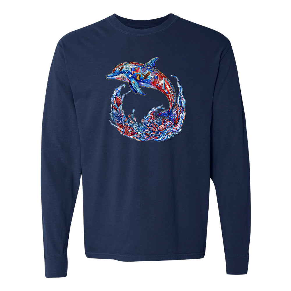 Navy blue long-sleeve shirt with a colorful dolphin design on a white background
