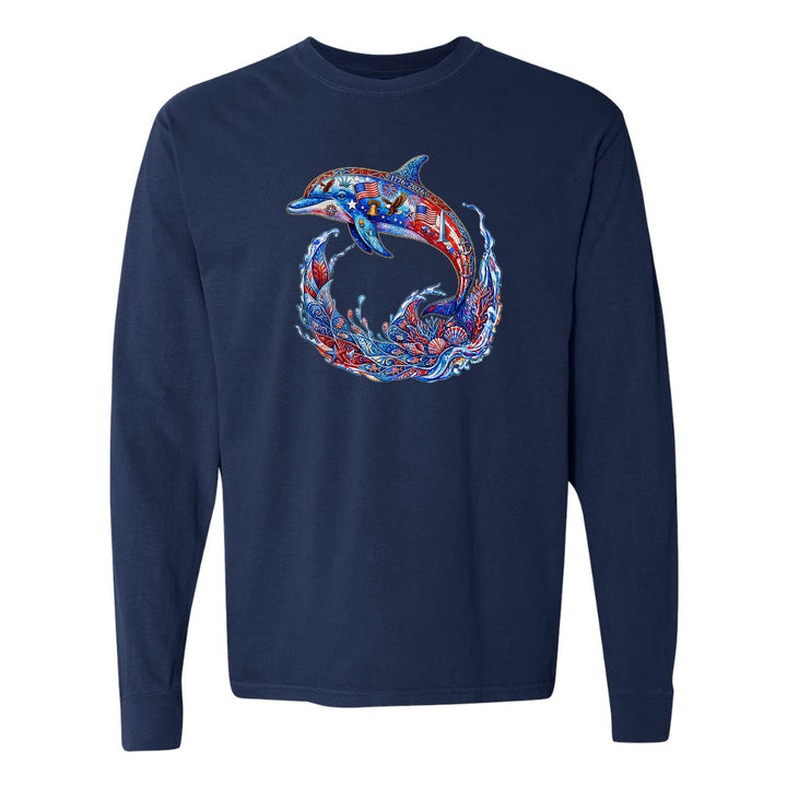 Navy blue long-sleeve shirt with a colorful dolphin design on a white background