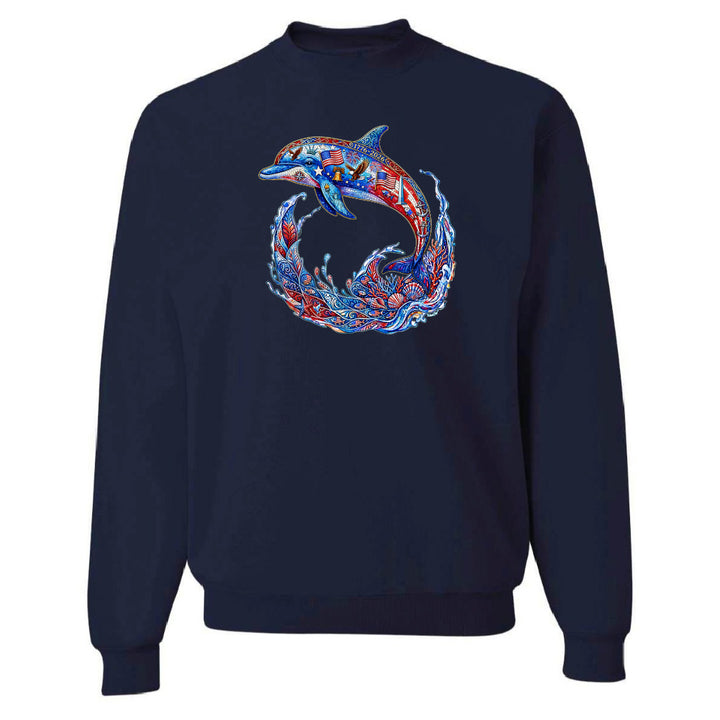 Navy blue sweatshirt with a colorful dolphin design on a white background