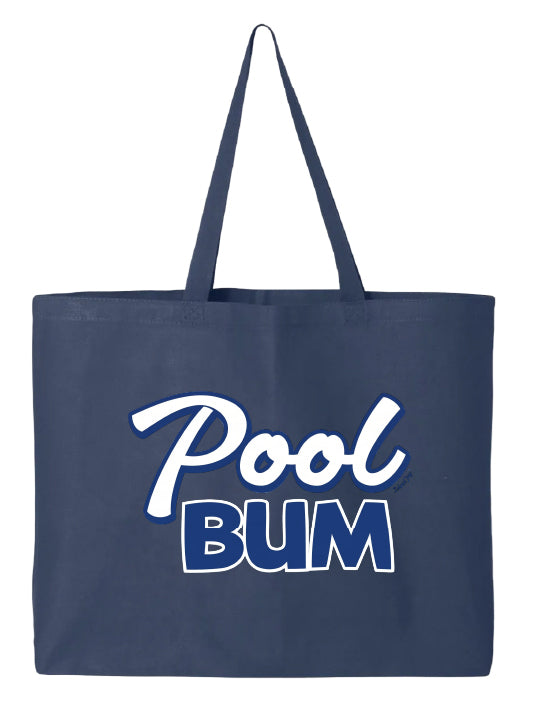 Navy tote bag with 'Pool Bum' text on a white background