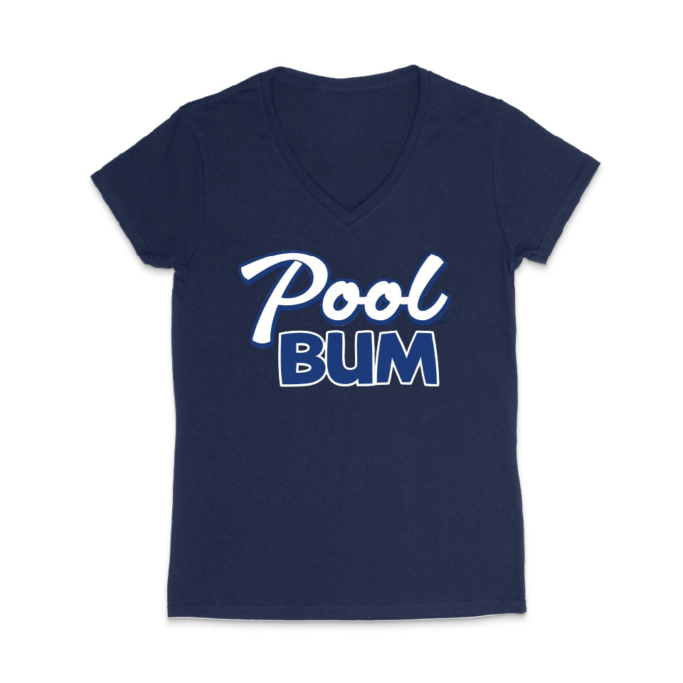 Navy blue t-shirt with 'Pool Bum' text on a white background