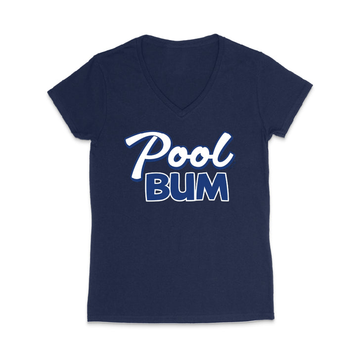Navy blue t-shirt with 'Pool Bum' text on a white background