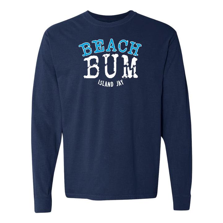 Navy blue long-sleeve shirt with 'Beach Bum' text on a white background