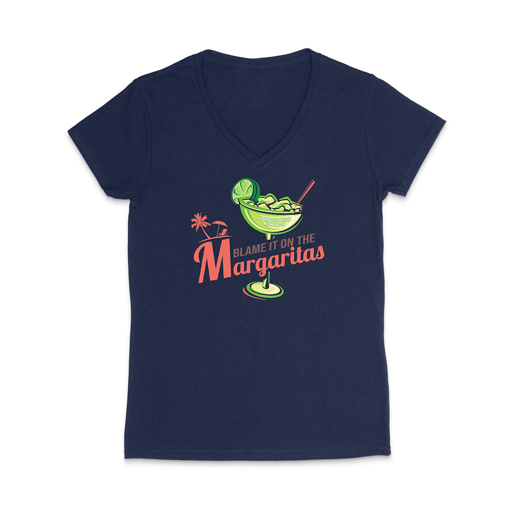 Navy blue t-shirt with a margarita graphic and text on a white background