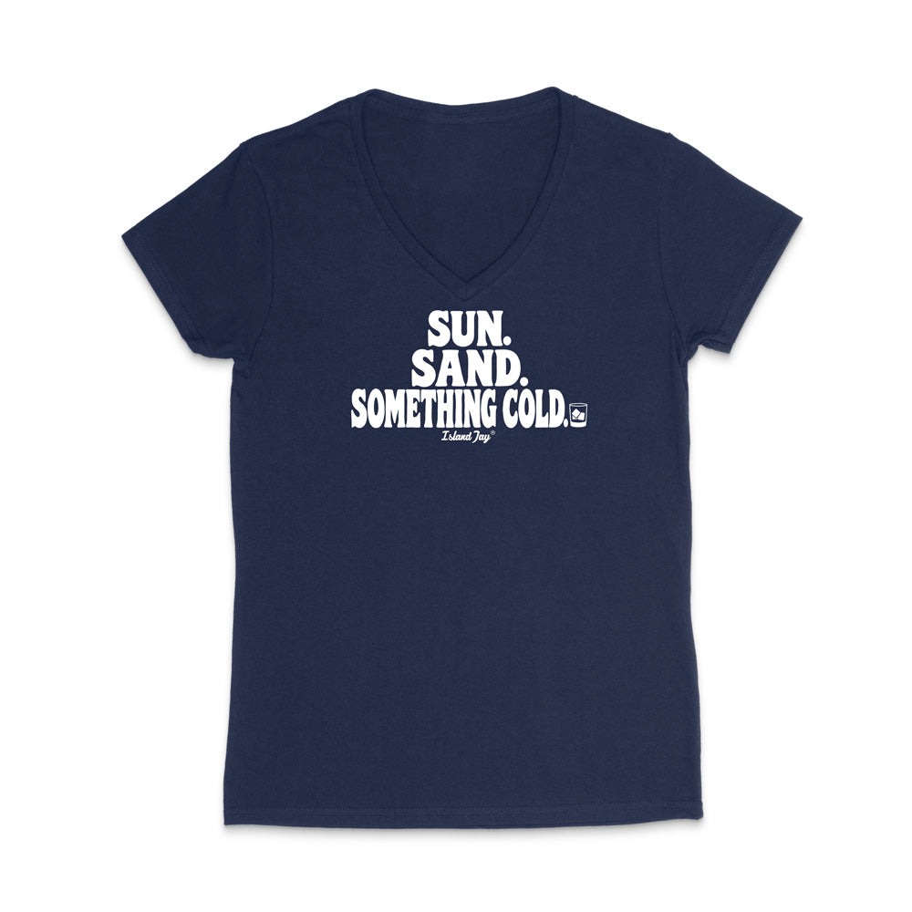 A navy blue women's V-neck t-shirt with a white graphic text print reading 'SUN. SAND. Something cold