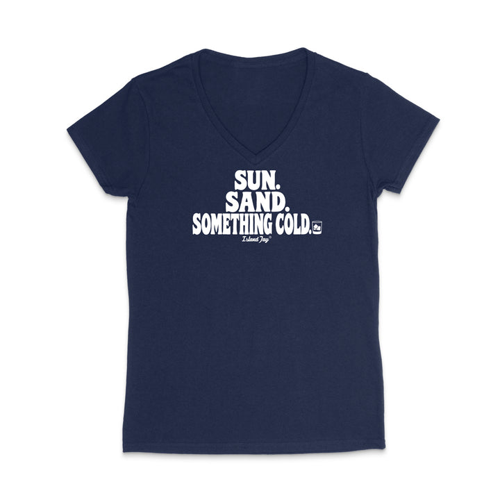 A navy blue women's V-neck t-shirt with a white graphic text print reading 'SUN. SAND. Something cold