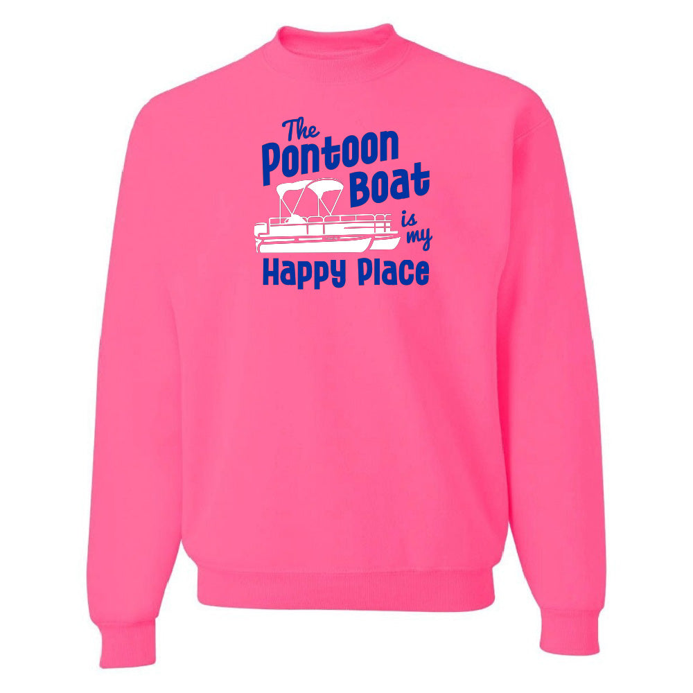 Pink sweatshirt with blue and white text and graphic on a white background