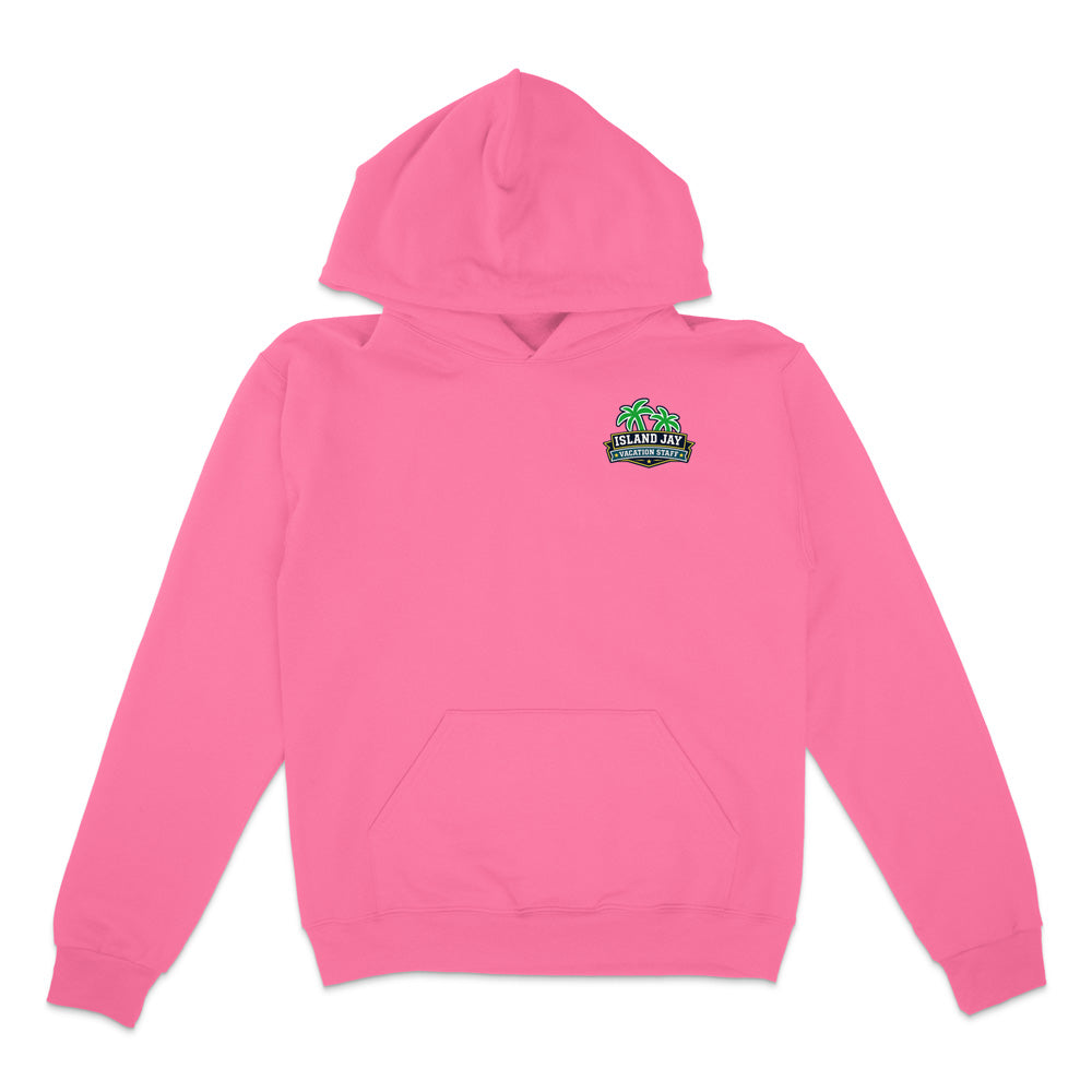 A bright pink pullover hoodie with a small green and black graphic on the left chest reading 'Island Art School' with a frog illustration, displayed on a clean white background.