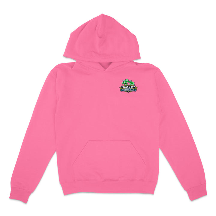 A bright pink pullover hoodie with a small green and black graphic on the left chest reading 'Island Art School' with a frog illustration, displayed on a clean white background.