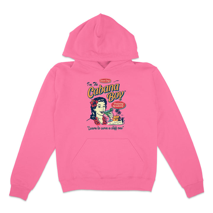Pink hoodie with vintage beach graphic and text reading "I'm The Cabana Boy Training Academy - Learn to serve a stiff one" on a white background.