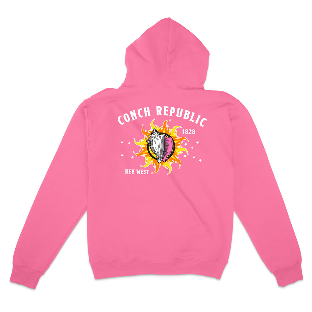 Pink Hoodie with Key West Flag Graphic text reading "Conch Republic Key West 1828" on a white background.