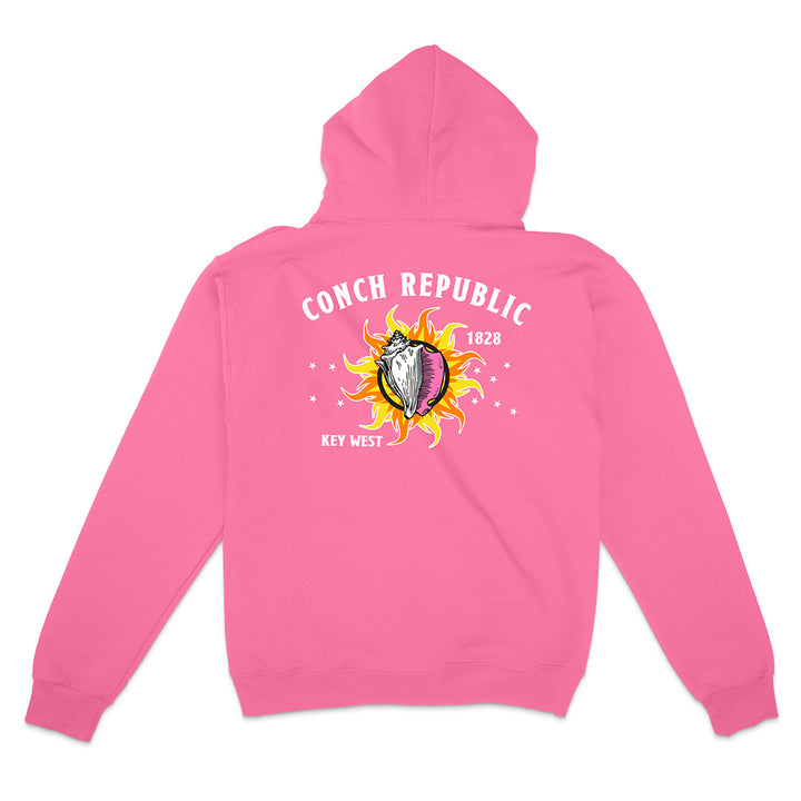 Pink Hoodie with Key West Flag Graphic text reading "Conch Republic Key West 1828" on a white background.