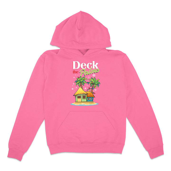 Neon Pink Hoodie with a tropical hut and palm tree design with graphic text reading "Deck The Palms" on a white background.