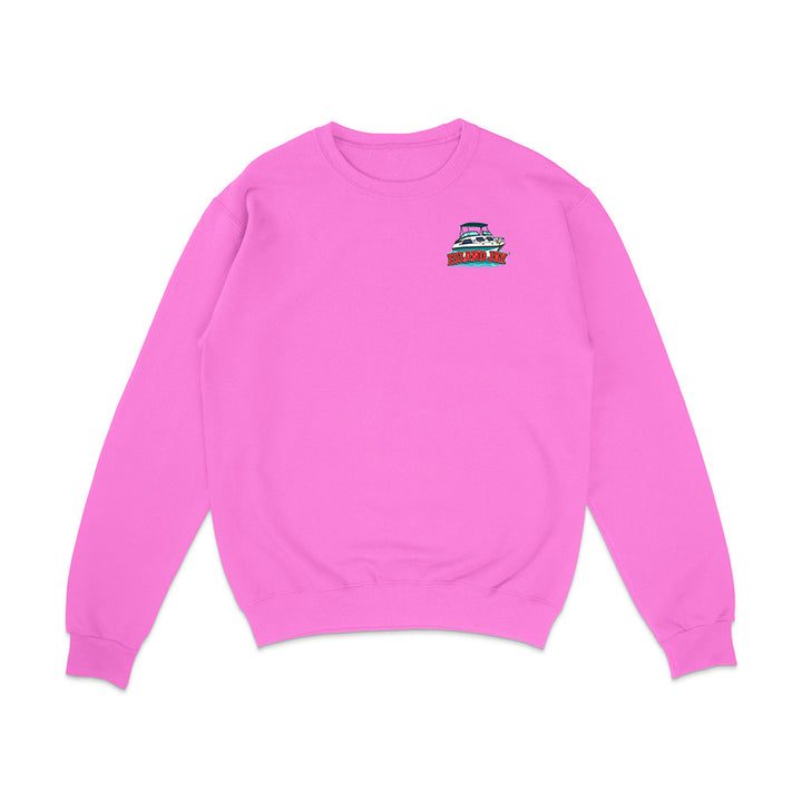 A bright pink crewneck sweatshirt with a small colorful boat graphic printed on the left chest, displayed on a clean white background.