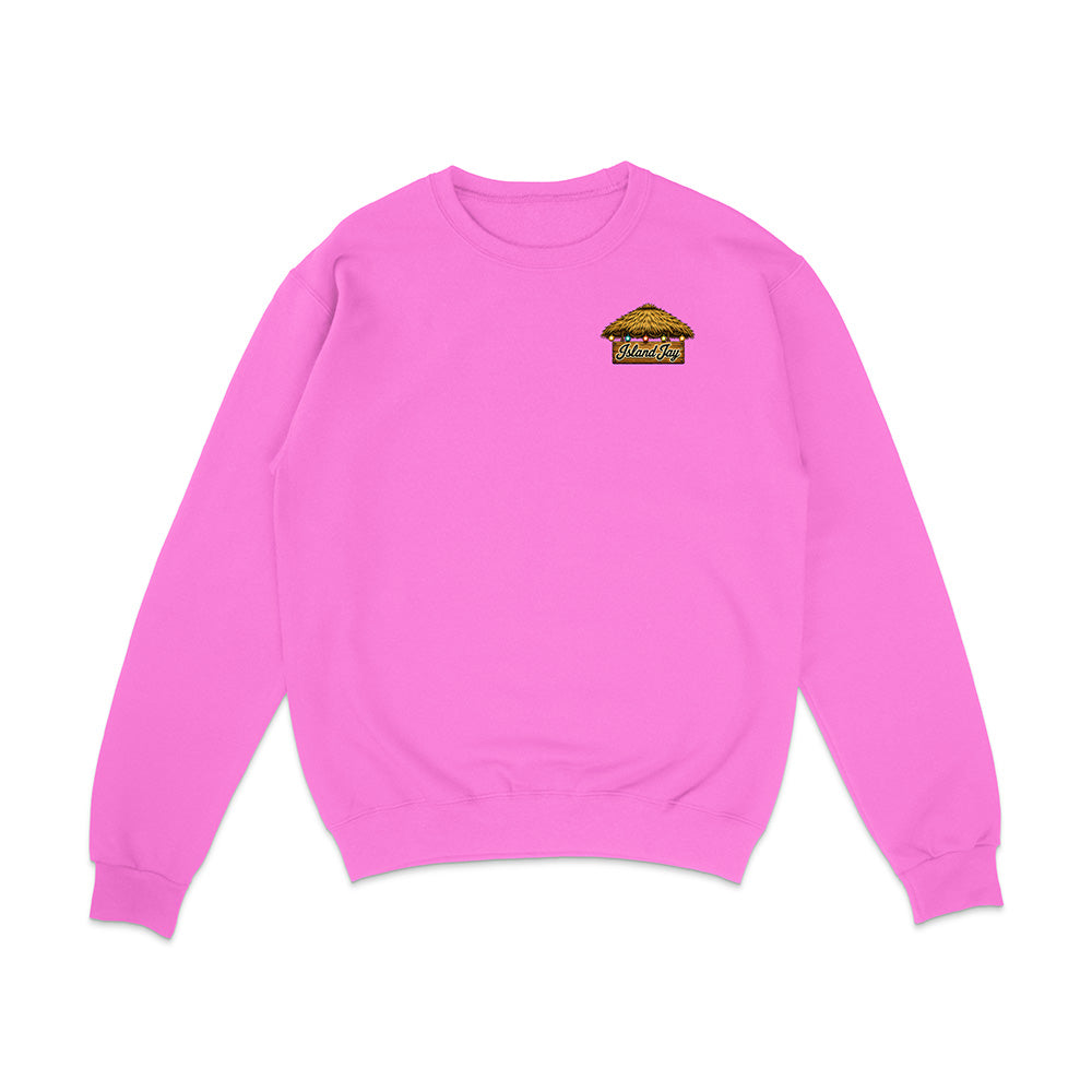 A bright pink crewneck sweatshirt with a small graphic of a hamburger on the left chest, displayed on a clean white background.