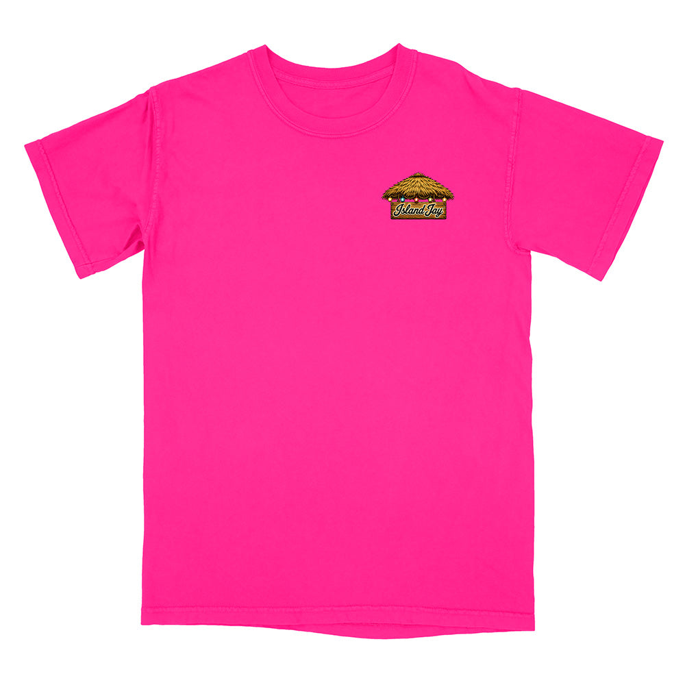 A bright pink short-sleeve t-shirt with a small graphic logo on the left chest depicting a burger with the text 'Wicked' in yellow.