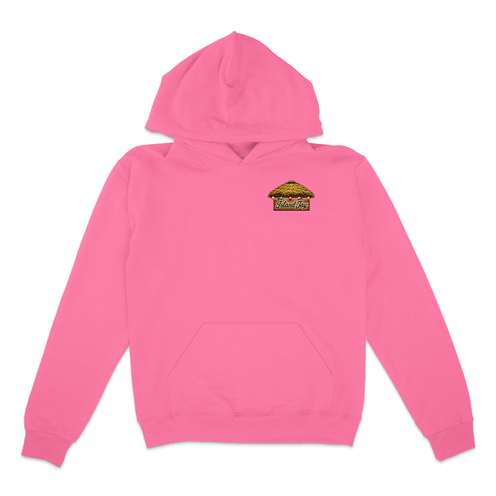 A bright pink pullover hoodie with a small graphic print on the left chest depicting a taco with the word 'Tacos' underneath, shown against a plain white background.