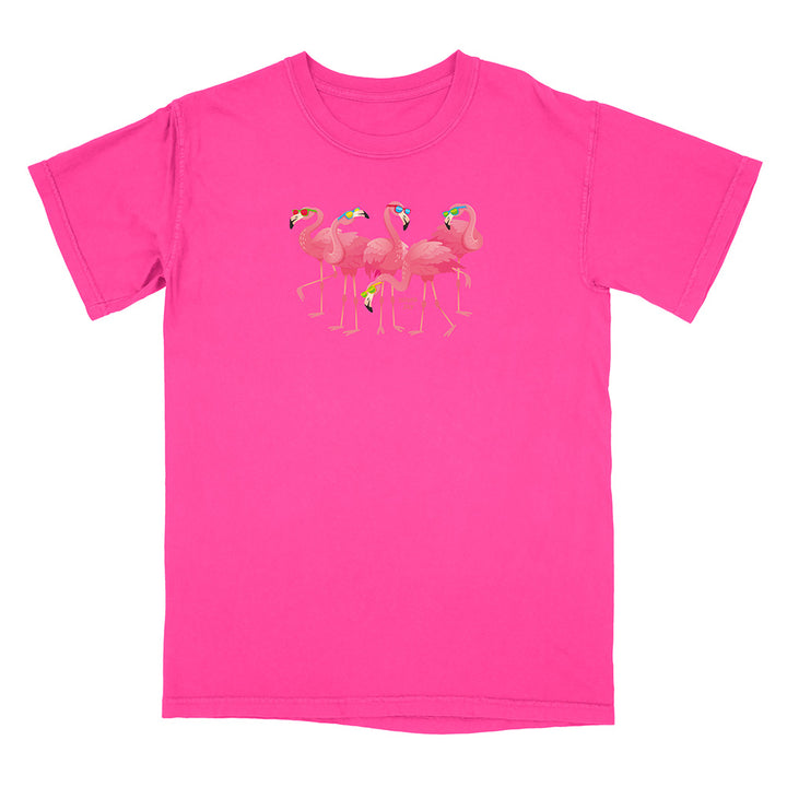Pink t-shirt with flamingo design on a white background