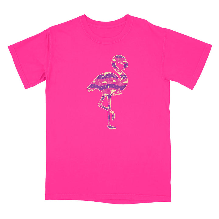 Neon Pink t-shirt with a pink flamingo design on a white background.