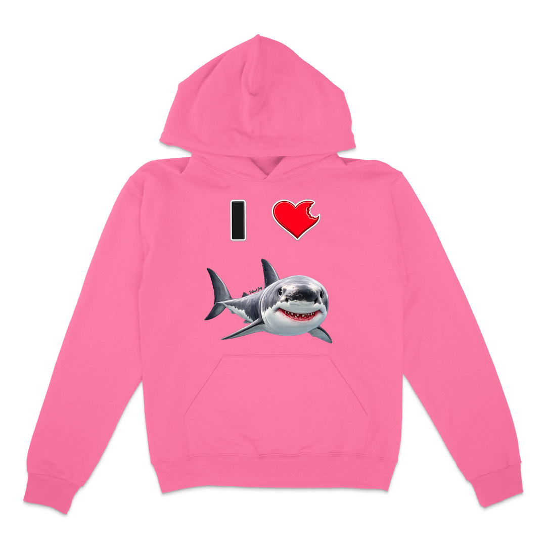 A pink hoodie with a graphic print on the front showing a black and white shark below a red heart and the text 'I' in black, displayed on a solid white background.