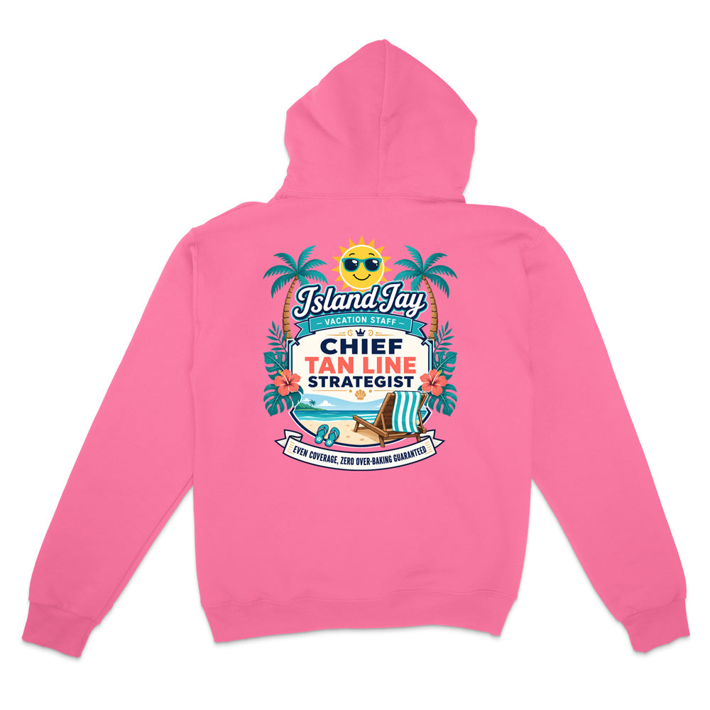 A pink hoodie shown from the back, featuring a colorful graphic print with palm trees, a sun wearing sunglasses, a beach chair, and the text 'IslandJay Chief Tan Line Strategist' along with a slogan about not giving up even when wounded.