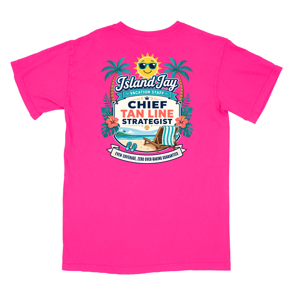 A neon pink short-sleeve t-shirt with a colorful graphic print on the front. The graphic features a smiling sun wearing sunglasses, palm trees, a beach scene, and text that reads 'Island Jay Vacation Staff by CHIEF TAN LINE STRATEGIST'.