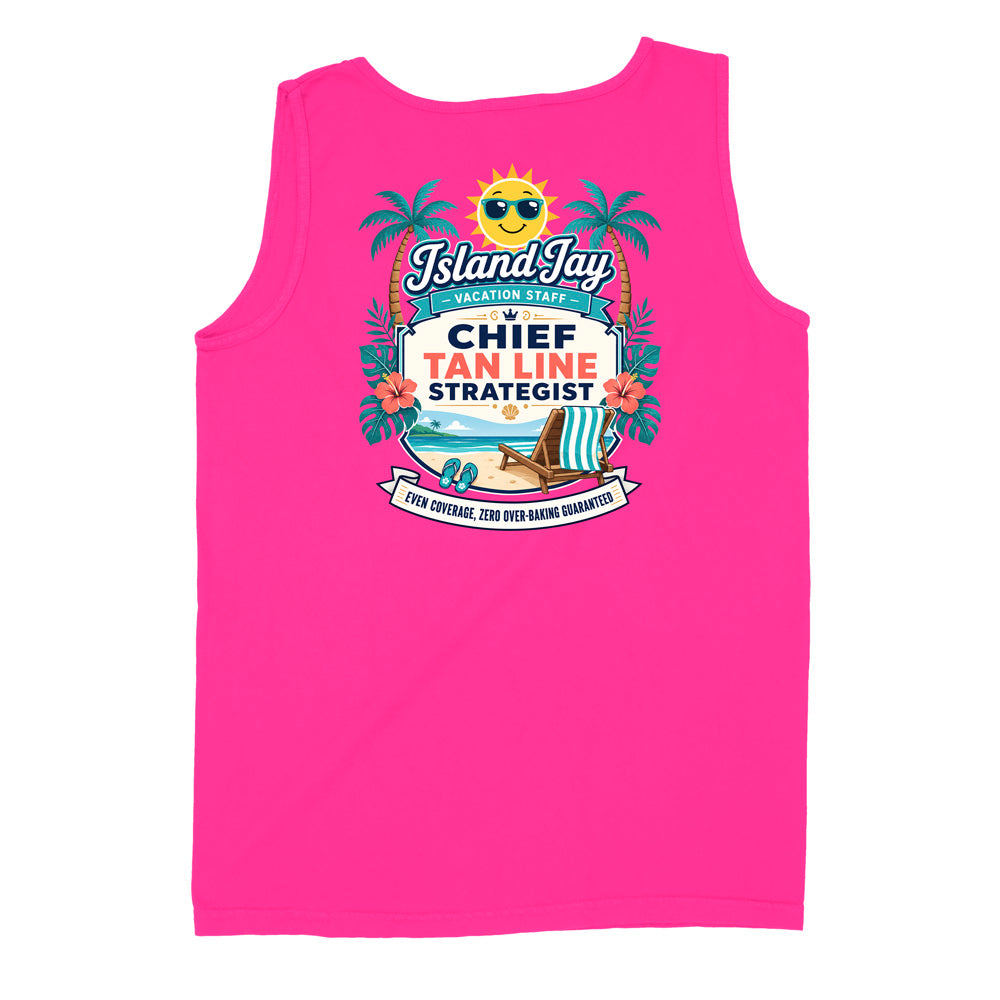 A bright pink sleeveless tank top with a colorful graphic print on the front. The graphic features a smiling sun wearing sunglasses, palm trees, and a beach scene with the text 'Island Jay Vacation Staff CHIEF TAN LINE STRATEGIST' and 'YOUR OFFER, OUR EVER RISING DEMAND!'.